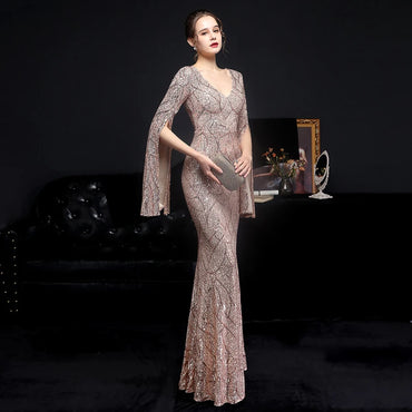 Gold Sequin Evening Dress Women Long Sleeve Dress YIDINGZS Elegant Party Maxi Dress Long Prom Dress