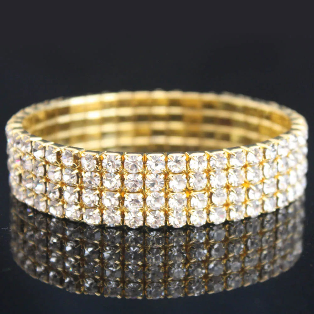 TREAZY 1-10 Rows Rhinestones Bridal Wedding Bangles Gold/Silver Color Crystal Stretch Bracelet Women Wristband Elastic Jewelry