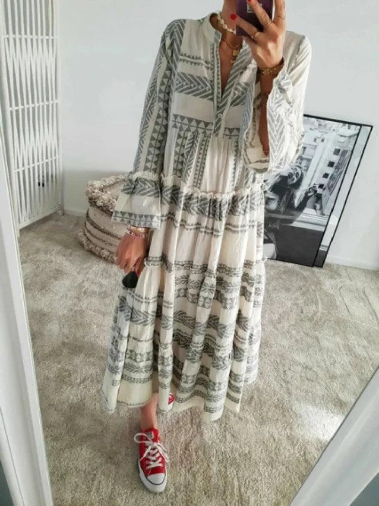 Fashion Geometric Print Dress Women Flare Sleeve V-neck Dress for Beach Vacation Casual Loose Ladies Ruffles Flared A-Line Dress