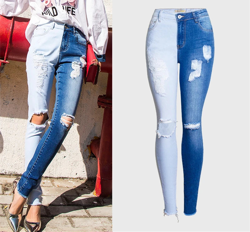 LOGAMI Skinny Ripped Jeans Woman 2021 Contrast Color Slim Jeans For Women Denim Pants