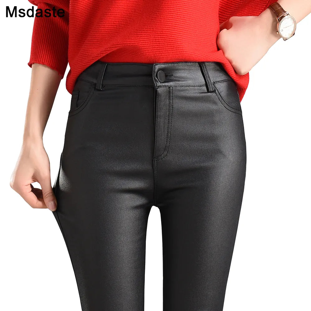 2019 Winter Women Faux Leather Pants & Capris PU Elastic High Waist Trousers Stretchy Slim Pencil Pants Leggings Female Black