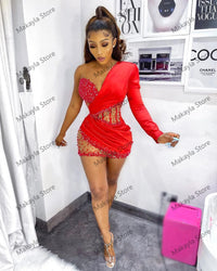 Sexy Short Red Party Dresses Aso Ebi Style Long Sleeves One Shoulder Sheer See Thru Women South Africa Mini Length Prom Gowns