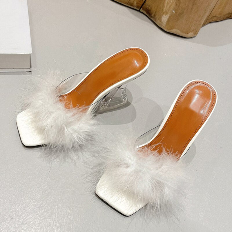 Size 35-41 Sexy Strange Transparent Heels Slippers Fashion Fur Feather Summer Sandals Peep Toe Slip-On Clear Shoes Women Slides