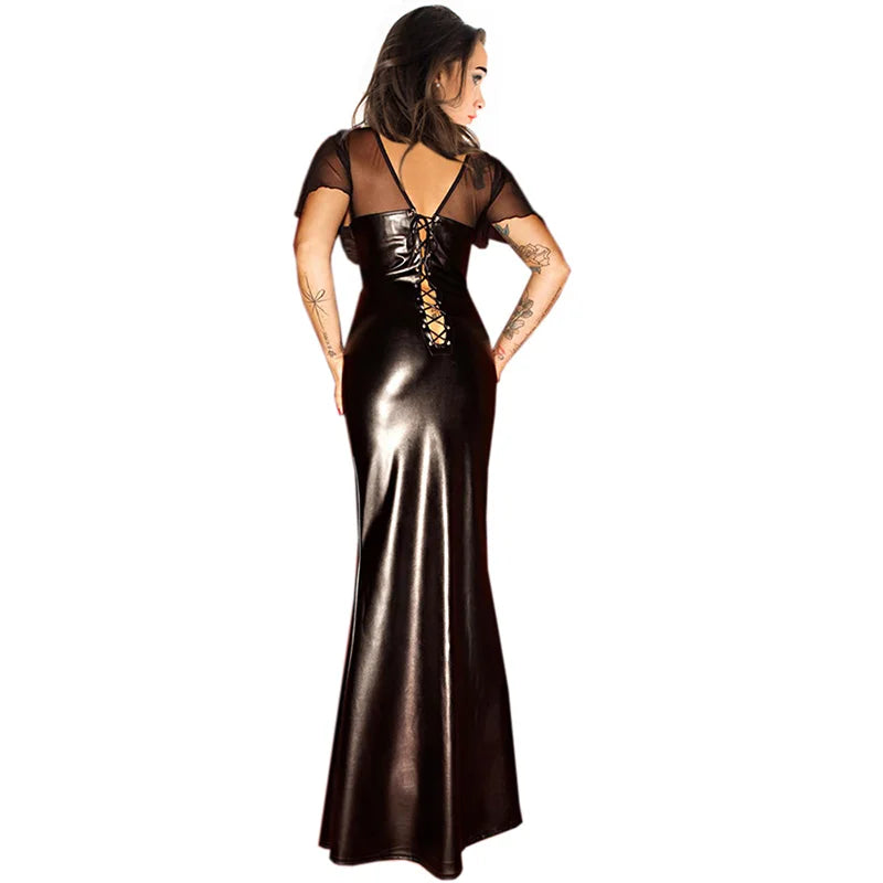 Sexy Black Vinyl Dresses V Neck Backless Women Leather Wet Look Clubwear Split Mesh Maxi Dress Transparent Long Night Club Dress