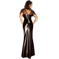 Sexy Black Vinyl Dresses V Neck Backless Women Leather Wet Look Clubwear Split Mesh Maxi Dress Transparent Long Night Club Dress