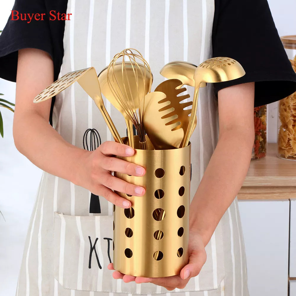 1PC Stainless Steel Kitchen Cookware Gold Cooking Utensils Soup Spoon Eggbeater Food Clip Rice Colander Skimmer Cooking Utensils