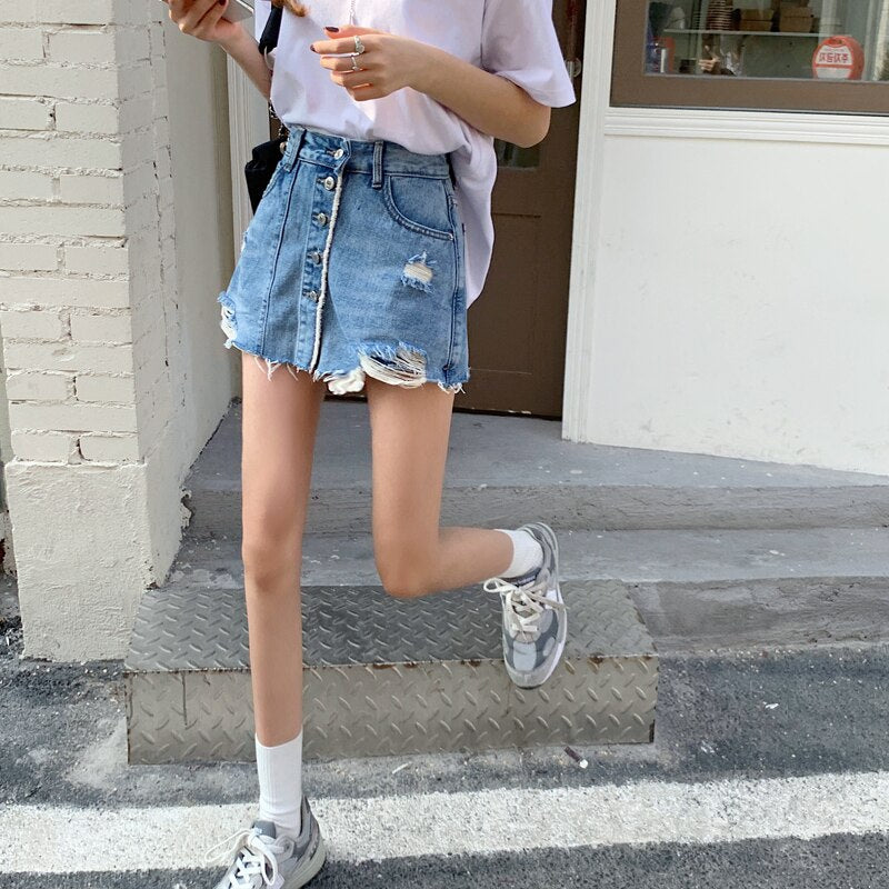 Button Tassel Skirt Ripped Jeans For Women Denim Fake Mini Shorts High Waist Sexy Casual Korea Fashion Clothes 2021 Summer New