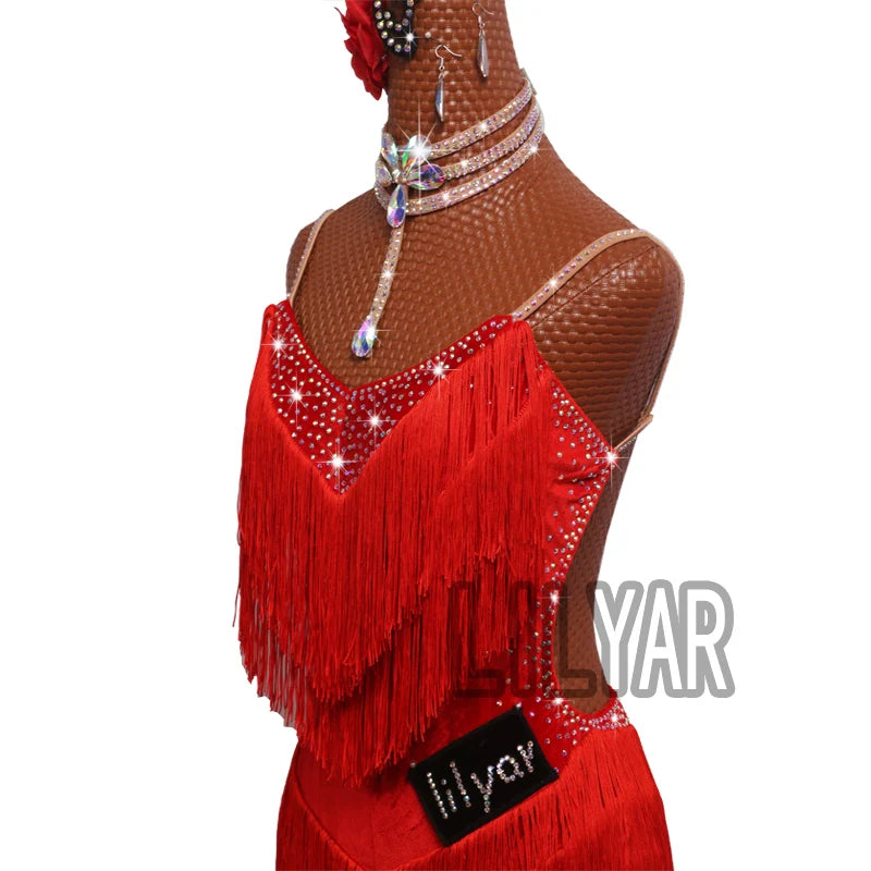 Latin Dance Dress Competition Costumes Skirt Performing Rhinestones Adult Children Tassel Various Color Red  White