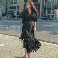 Korea Women Party Dress 2023 Spring fashion Office OL chiffon Half Sleeve Ruffles Bodycon Mermaid Midi Dress