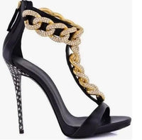 Sexy T-Strap Gold Metal Chain High Heel Sandals Studded Gladiator Heels Sandals Women Peep Toe Cut-out Shoes Black Plus Size