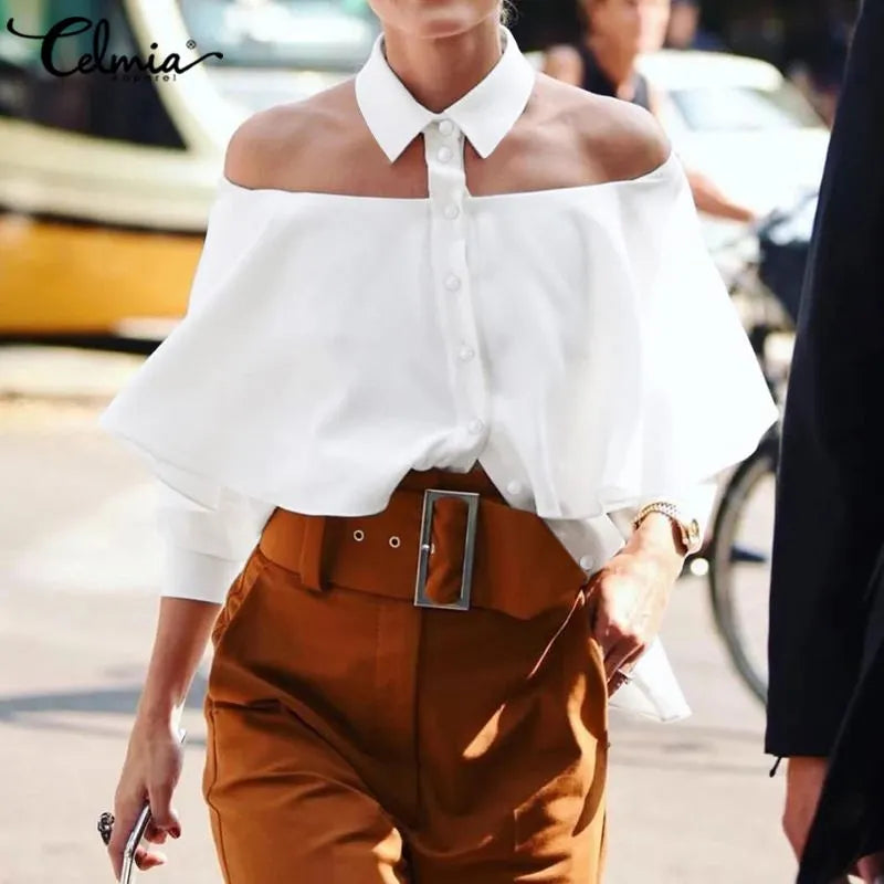 Women's Sexy Blouse 2023 Celmia Party Cold Shoulder Halter Women Shirt Ruffles Solid Office Casual Top Autumn Buttons Blusas