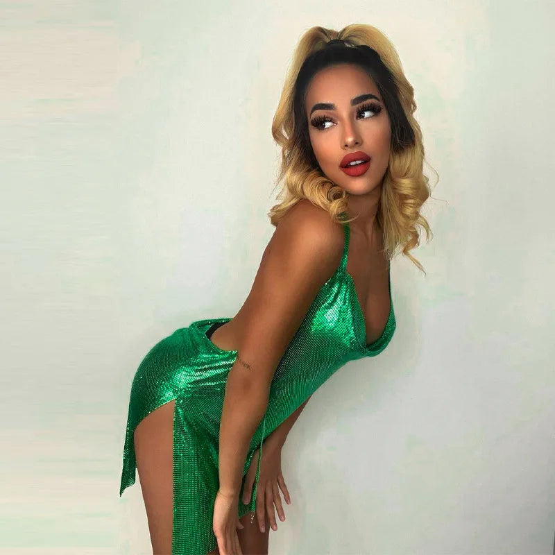 Wholesale Fashion Halter Shiny Bodycon Dress Backless Casual Club Mini Slit Dresses Women