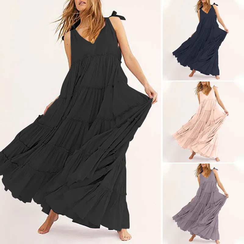 Women Summer Maxi Long Dress ZANZEA Fashion Lace Up V Neck Ruffles Sundress Solid Sleeveless Party Casual Sarafans Vestidos7