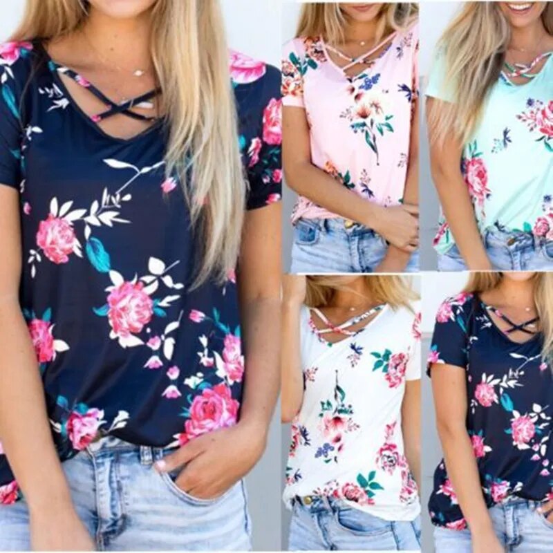 Women Summer Short Sleeve Floral Shirt Blouse Tops Loose Shirt Casual Tee TOP Ladies Womens Flower Print Blouses Clothing