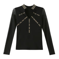 Korean Fashion Patchwork Sexy Mesh Tshirt 2021 New Autumn Winter Women Long Sleeve Embroidery Letter Top Camiseta Mujer T97917