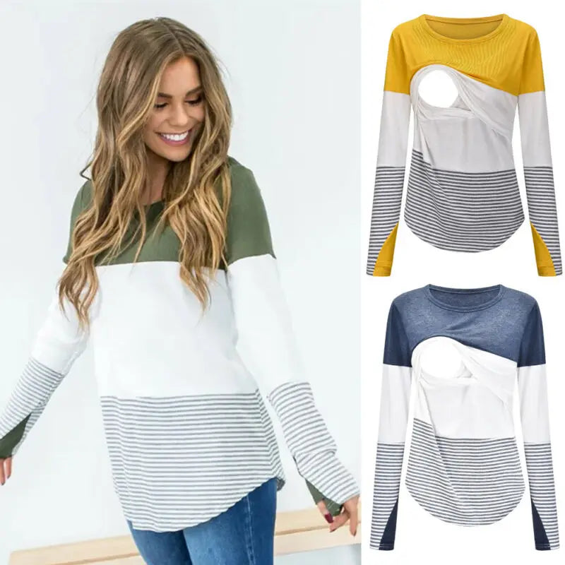 Imcute Casual Striped Women Long Sleeve Maternity Tops Breastfeeding Tops Ladies T-Shirt Loose Pregnancy Loose Clothes T Shirt