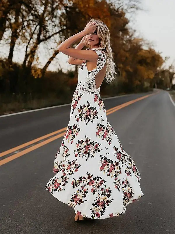 2021 Summer Bohemian Floral Maxi Dress Women Lace Sleeveless V Neck Backless Elegant Dress Party Evening Beach Dresses Female