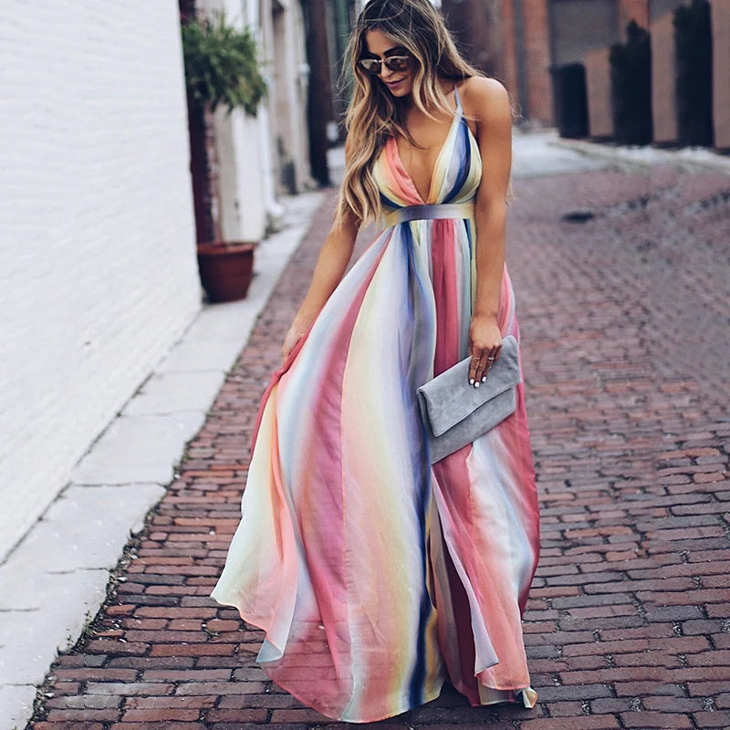 Halter long chiffon dress Bohemian rainbow printed women maxi dress  Fashion sexy v neck club party dresses vestidos mujer