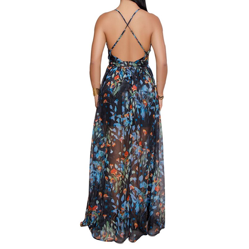 Women Dresses Summer Sexy Maxi Boho Style Print Party Dress Deep V Neck Backless Long Dress Vestidos