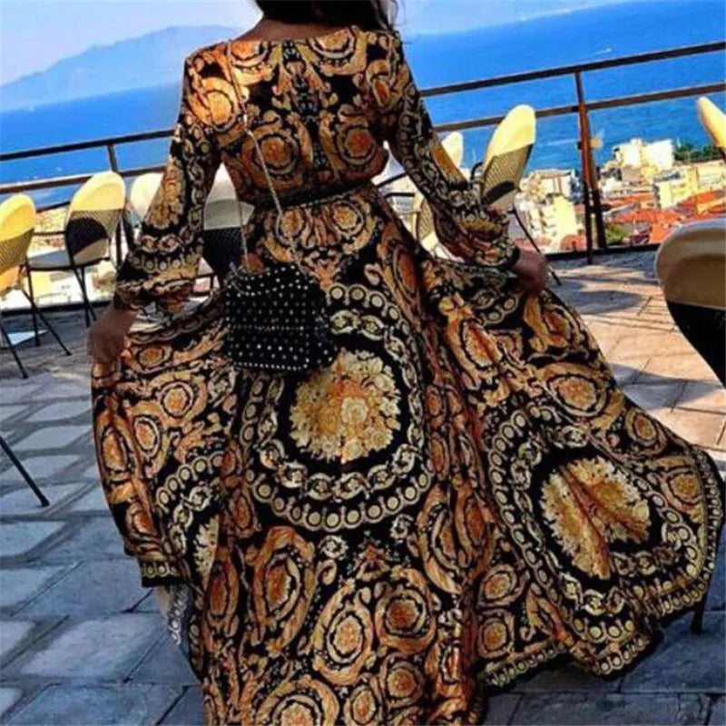 New Womens Boho Floral Printed Dress Spring Autumn Long Sleeve Long Maxi Dress Sexy V-neck Evening Party Beach Sundress Vestidos