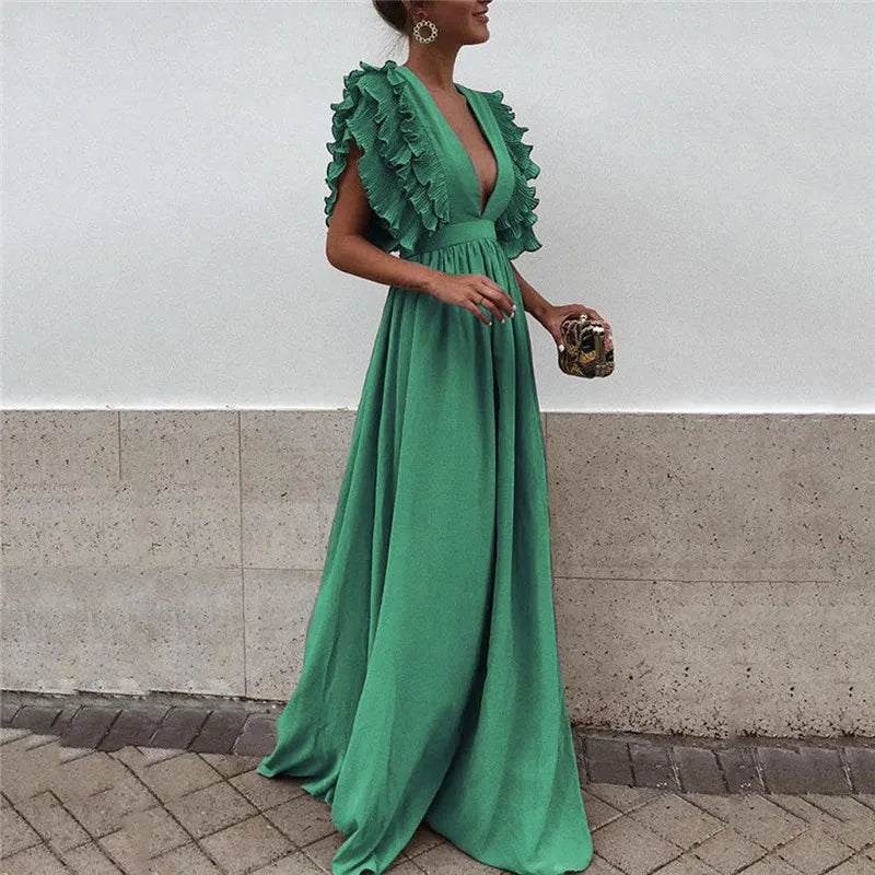 Women's Ruffles Flying Sleeve Party Long Dress Solid Color Formal Lady Deep V Neck High Waist Dress Backless Wedding Party Dress