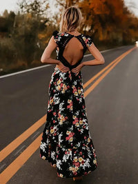 2021 Summer Bohemian Floral Maxi Dress Women Lace Sleeveless V Neck Backless Elegant Dress Party Evening Beach Dresses Female