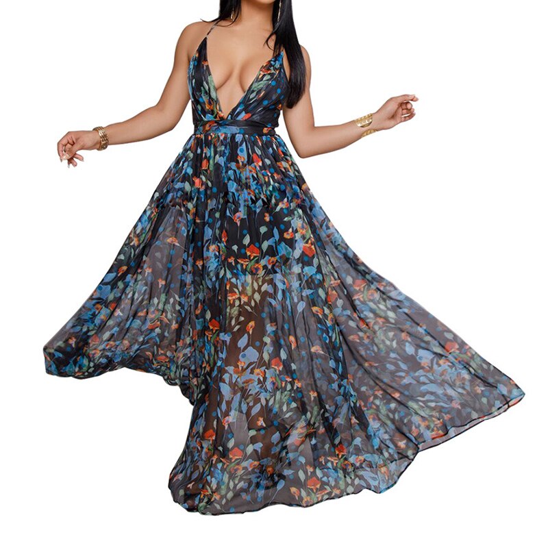 Women Dresses Summer Sexy Maxi Boho Style Print Party Dress Deep V Neck Backless Long Dress Vestidos