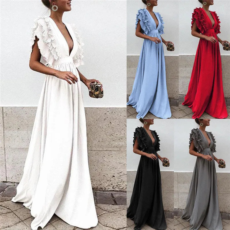 Women's Ruffles Flying Sleeve Party Long Dress Solid Color Formal Lady Deep V Neck High Waist Dress Backless Wedding Party Dress