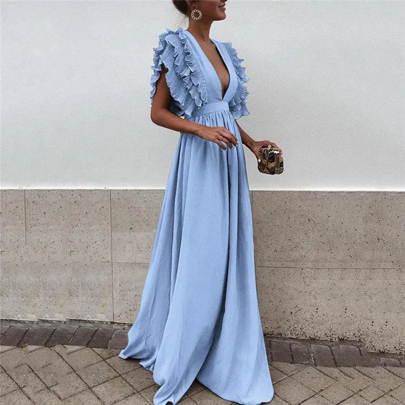 Women's Ruffles Flying Sleeve Party Long Dress Solid Color Formal Lady Deep V Neck High Waist Dress Backless Wedding Party Dress