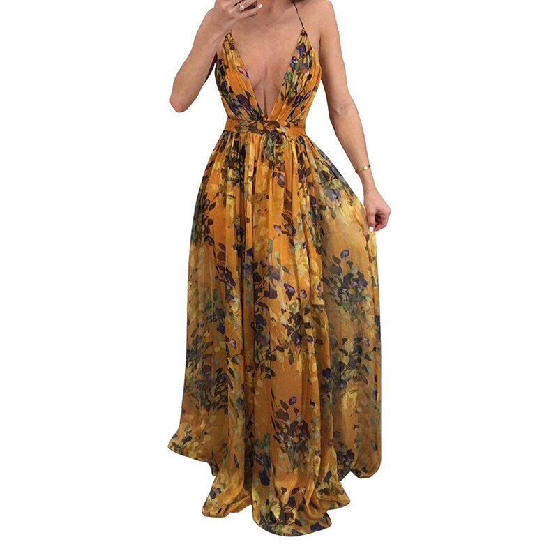 Women Dresses Summer Sexy Maxi Boho Style Print Party Dress Deep V Neck Backless Long Dress Vestidos