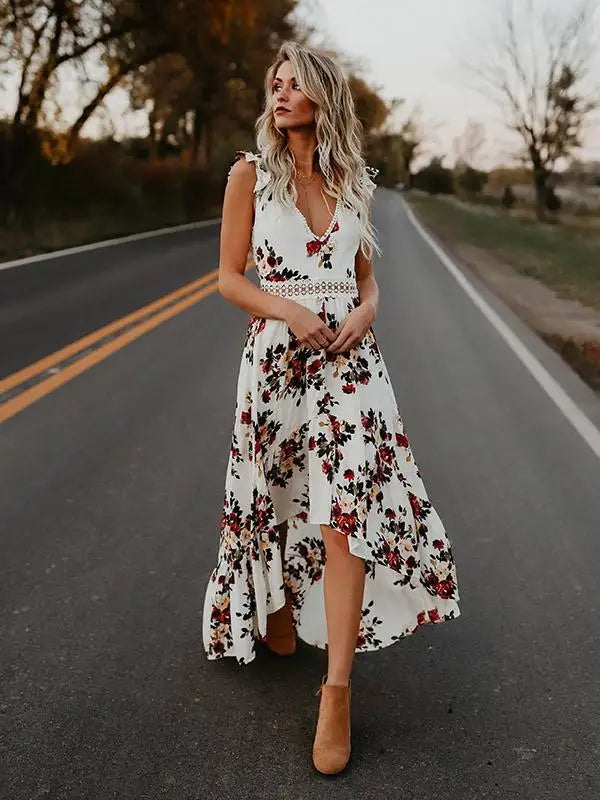 2021 Summer Bohemian Floral Maxi Dress Women Lace Sleeveless V Neck Backless Elegant Dress Party Evening Beach Dresses Female