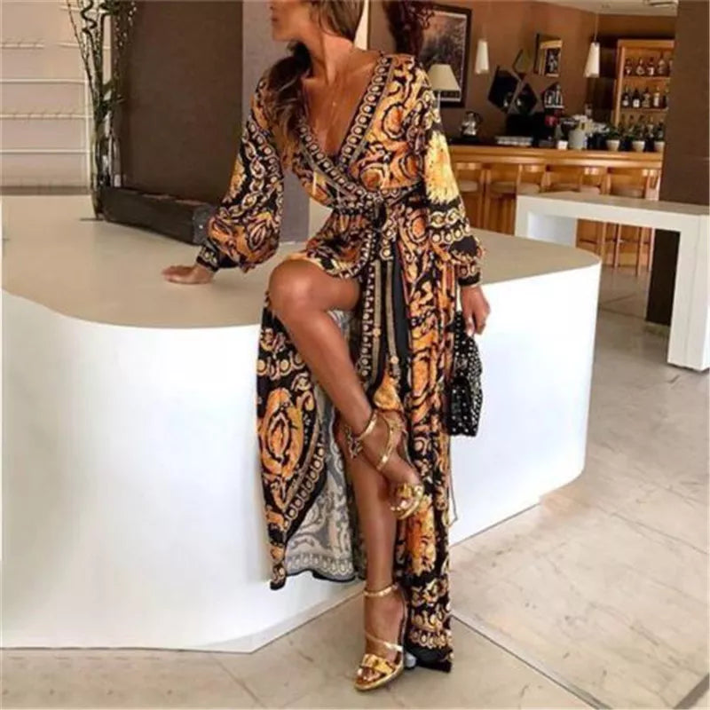 New Womens Boho Floral Printed Dress Spring Autumn Long Sleeve Long Maxi Dress Sexy V-neck Evening Party Beach Sundress Vestidos