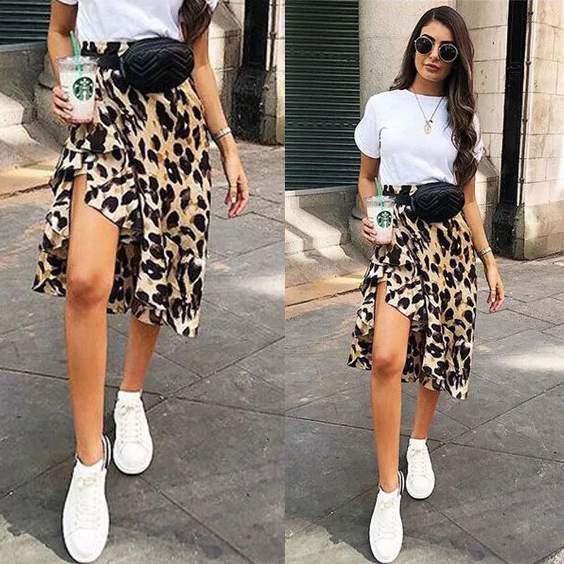 Sexy Women Skirt Hot Fashion Women Leopard Print High Waist Skirt Ladies Evening Party Mini Skirts Lace Up Ruffles Pencil Skirts