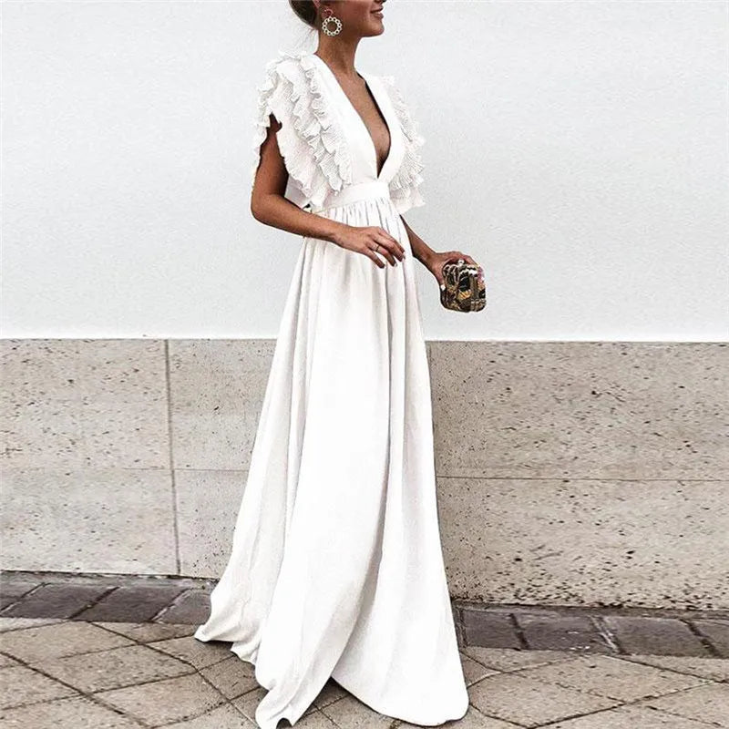 Women's Ruffles Flying Sleeve Party Long Dress Solid Color Formal Lady Deep V Neck High Waist Dress Backless Wedding Party Dress