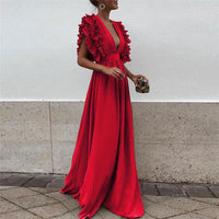 Women's Ruffles Flying Sleeve Party Long Dress Solid Color Formal Lady Deep V Neck High Waist Dress Backless Wedding Party Dress