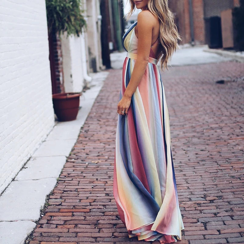 Halter long chiffon dress Bohemian rainbow printed women maxi dress  Fashion sexy v neck club party dresses vestidos mujer