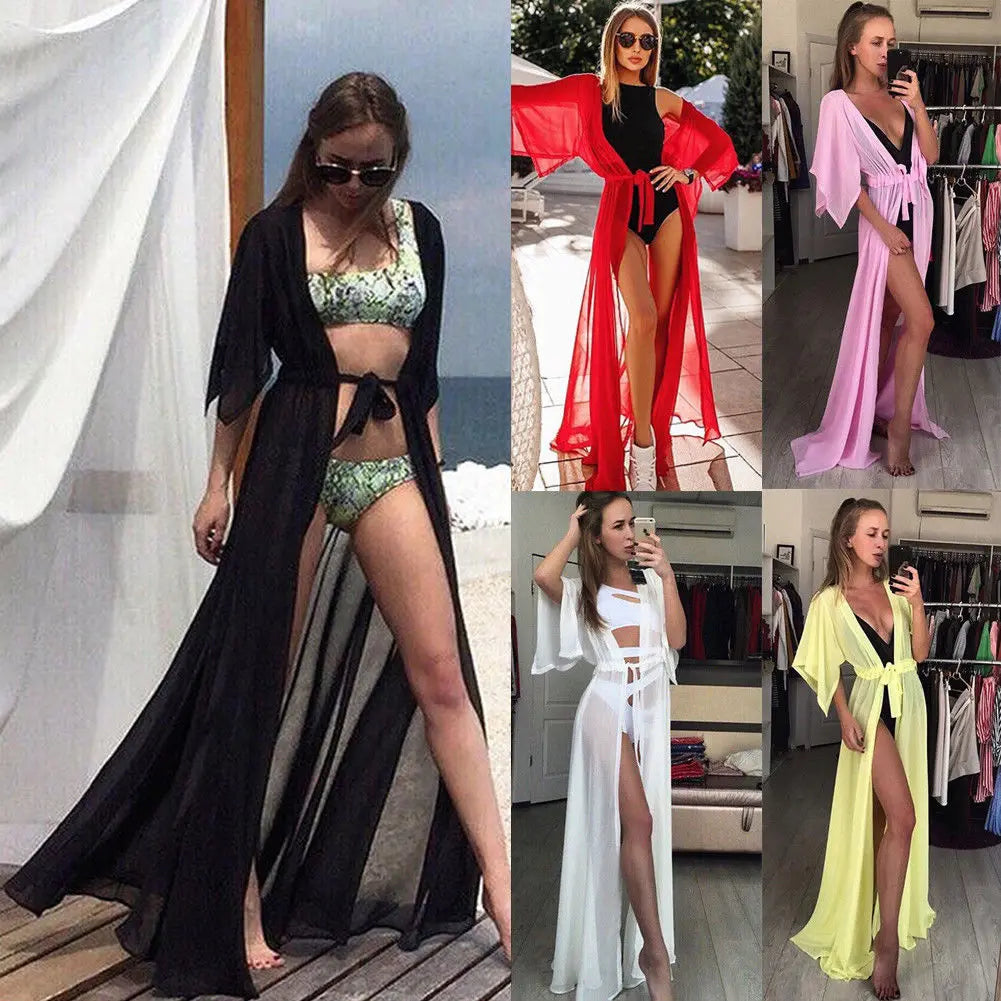 Sexy Women Chiffon Kimono Beach Cover-Ups Cardigan Bikini Cover Up Long Maxi Dress Wrap Beachwear Long Blouse