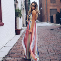 Halter long chiffon dress Bohemian rainbow printed women maxi dress  Fashion sexy v neck club party dresses vestidos mujer