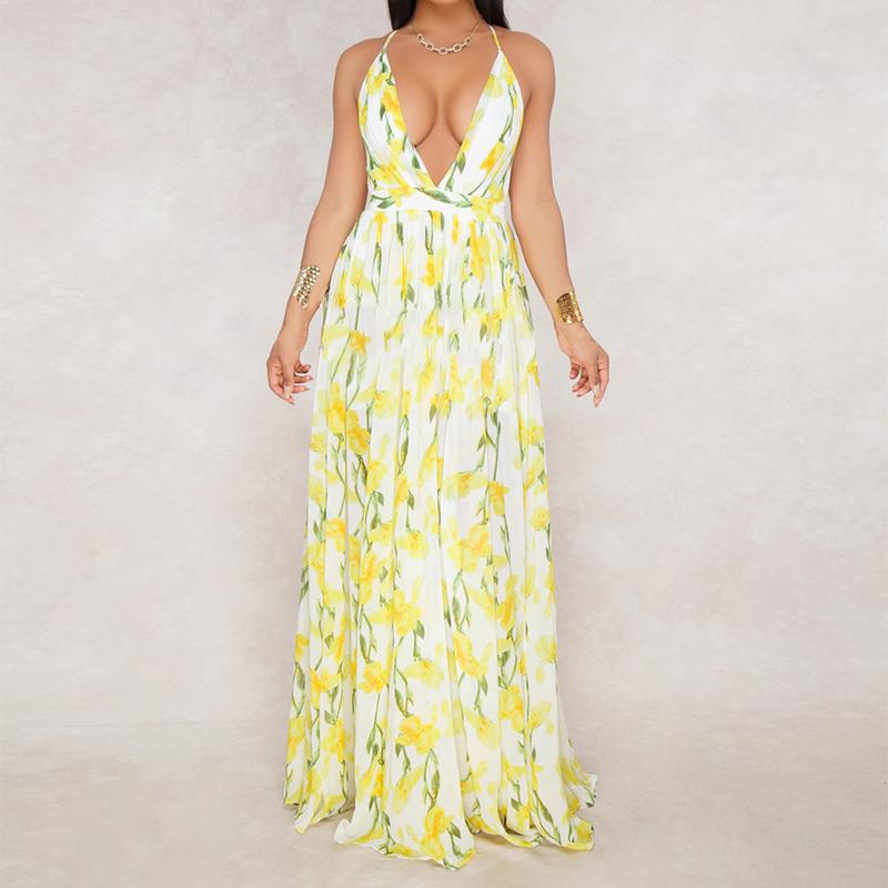 Women Dresses Summer Sexy Maxi Boho Style Print Party Dress Deep V Neck Backless Long Dress Vestidos