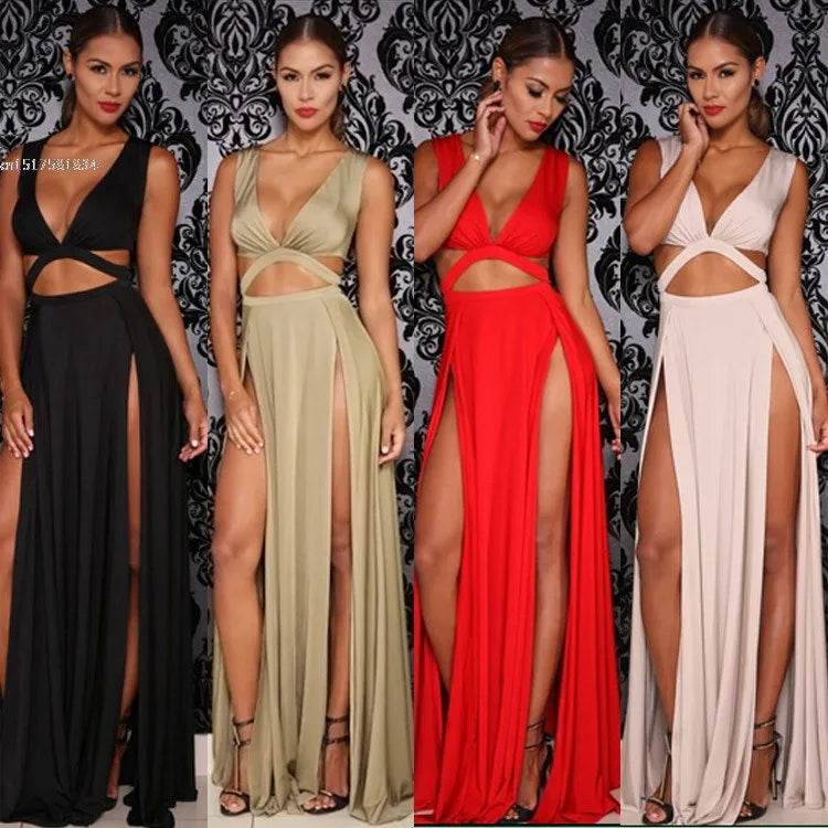 2022 Women Sexy Sleeveless V-neck High Slit Hollow Out Bodycon Bandage Dress for NightClub Party Long Wrap Maxi Dress Vestido u2