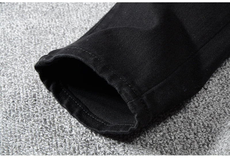 Sokotoo Men's black patchwork stretch denim biker jeans for motorcycle Slim fit skinny ripped pencil pants