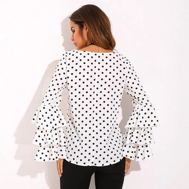 Polka Dot Shirts Women Retro Summer Blouse Ruffles Long Sleeve Casual Chiffon Ladies Tops 2023 Fashion Clothing Blusas S-5XL