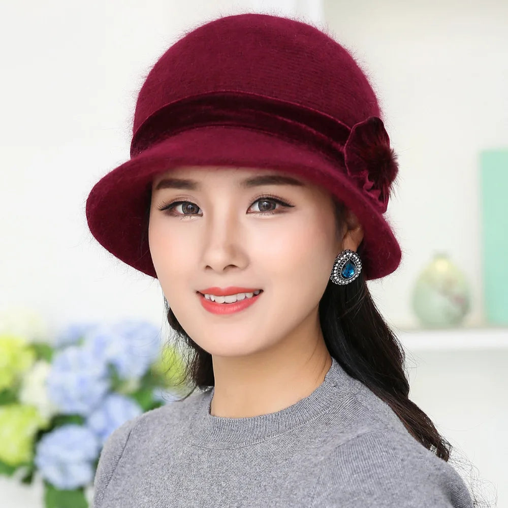 20 style Hot Sell Winter Women Knitted Floral Skullies Super Soft Wool Mix Rabbit Fur Hat Warm Beanies Female Baggy Headwear Cap