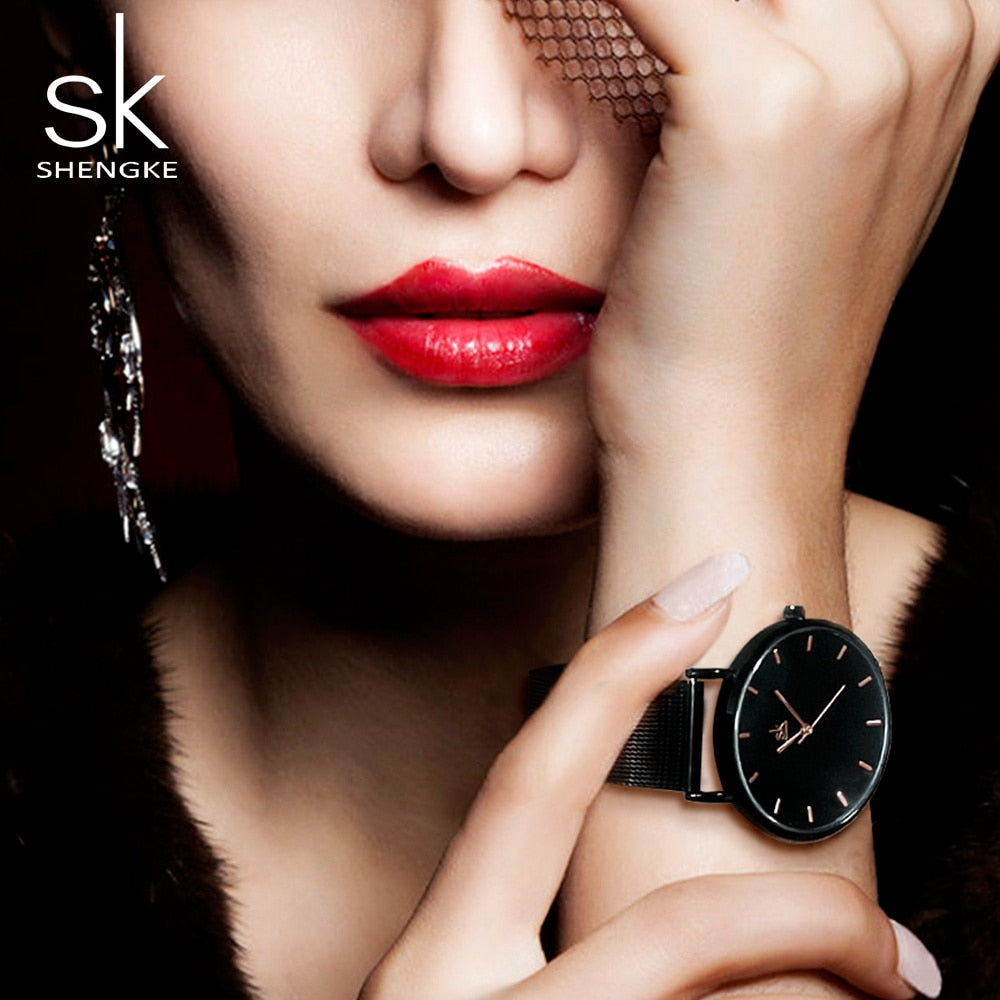 Shengke Fashion Black Watch For Women Classic Relogio Feminino Ultra Thin Quartz Watch Woman Adjustable Mesh Strap Montre Femme
