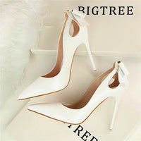 Fashion Cut-outs Bowtie Pointed Toe 10cm High Heels Solid Patent Leather Shallow Woman Party Pumps Office Ol Shoes Woman