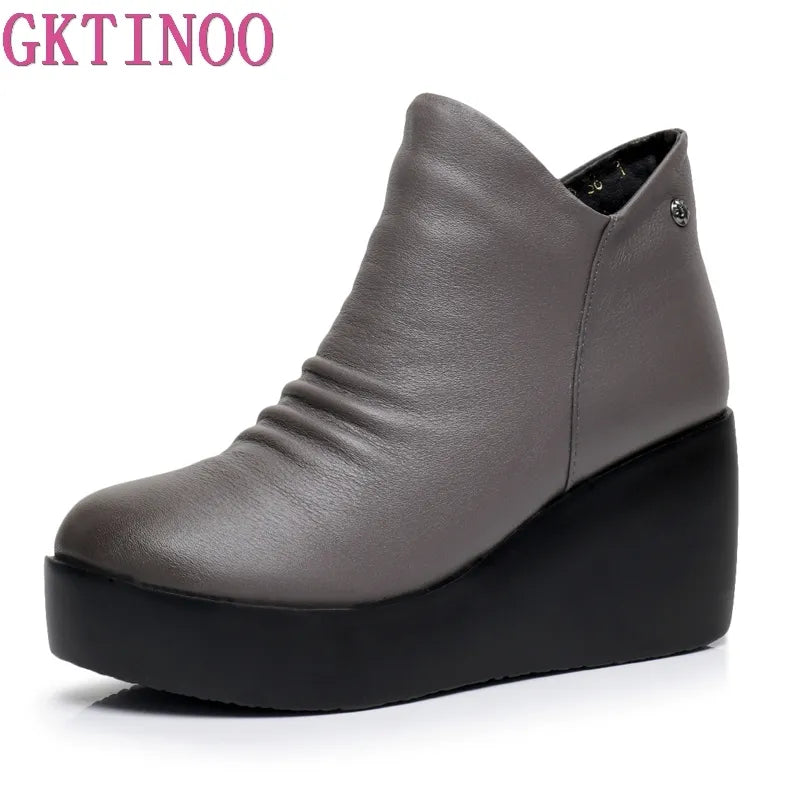 GKTINOO 2023 New Autumn Winter Women Shoes Woman Genuine Leather Wedges Snow Boots Height Increasing Ankle Women Boots Platform