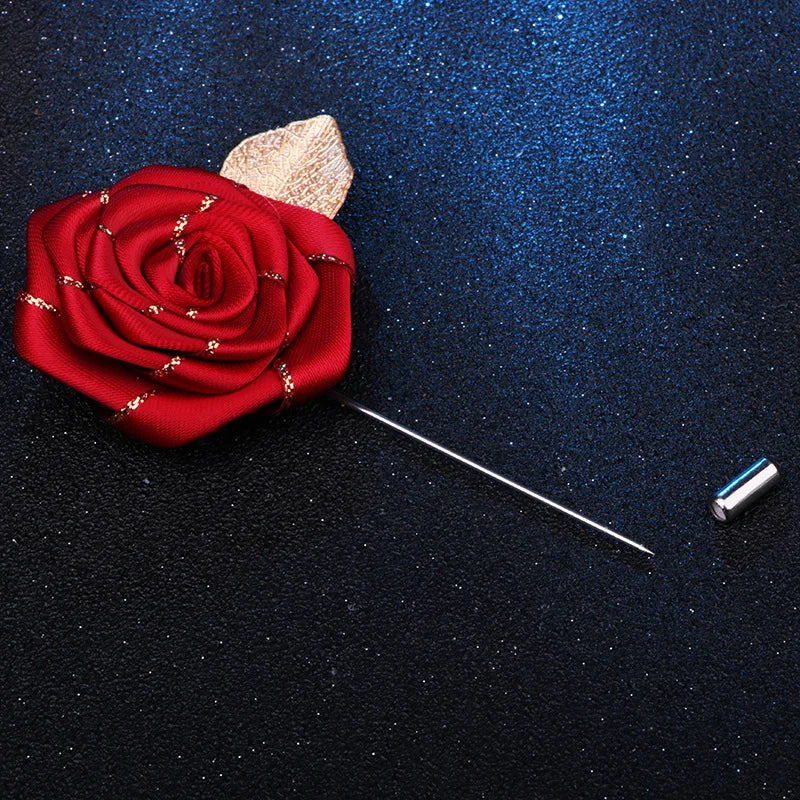 Men&#39;s Leaf Fabric Rose Flower Brooches Cloth Collar Long Needle Lapel Pin Gifts for Men Women Wedding Accessories Jewelry