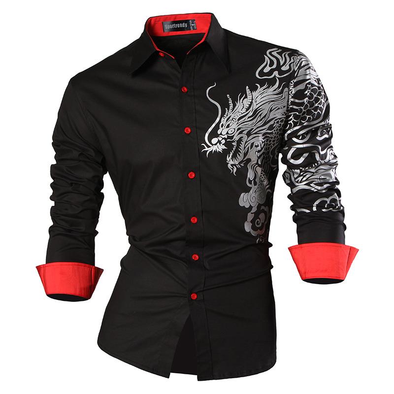 Sportrendy Men&#39;s Shirt Dress Casual Long Sleeve Fashion Dragon Stylish JZS091 Black