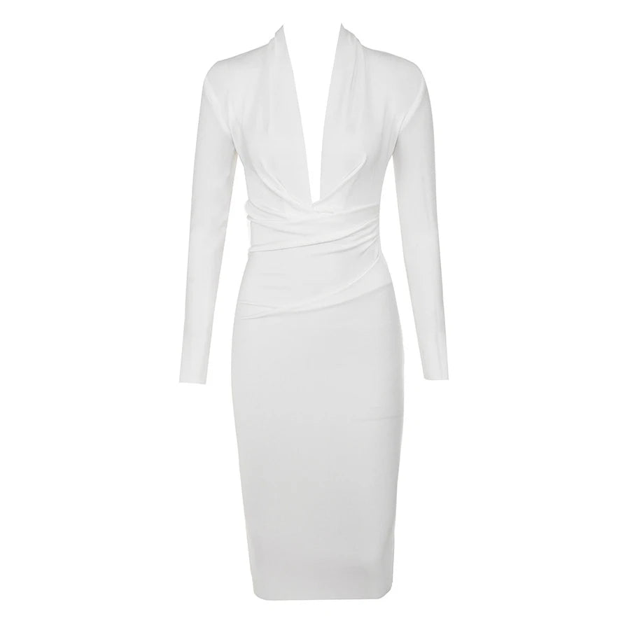 autumn Deep V Neck Women Bandage Dress Sexy Full Sleeves Solid Celebrity Bodycon Club Evening Midi Party Dress Vestidos White / S autumn Deep V Neck Women Bandage Dress Sexy Full Sleeves Solid Celebrity Bodycon Club Evening Midi Party Dress Vestidos White / S