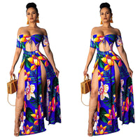 2019 Sexy Print Slit Women Maxi Dresses Summer Strapless Long Dress